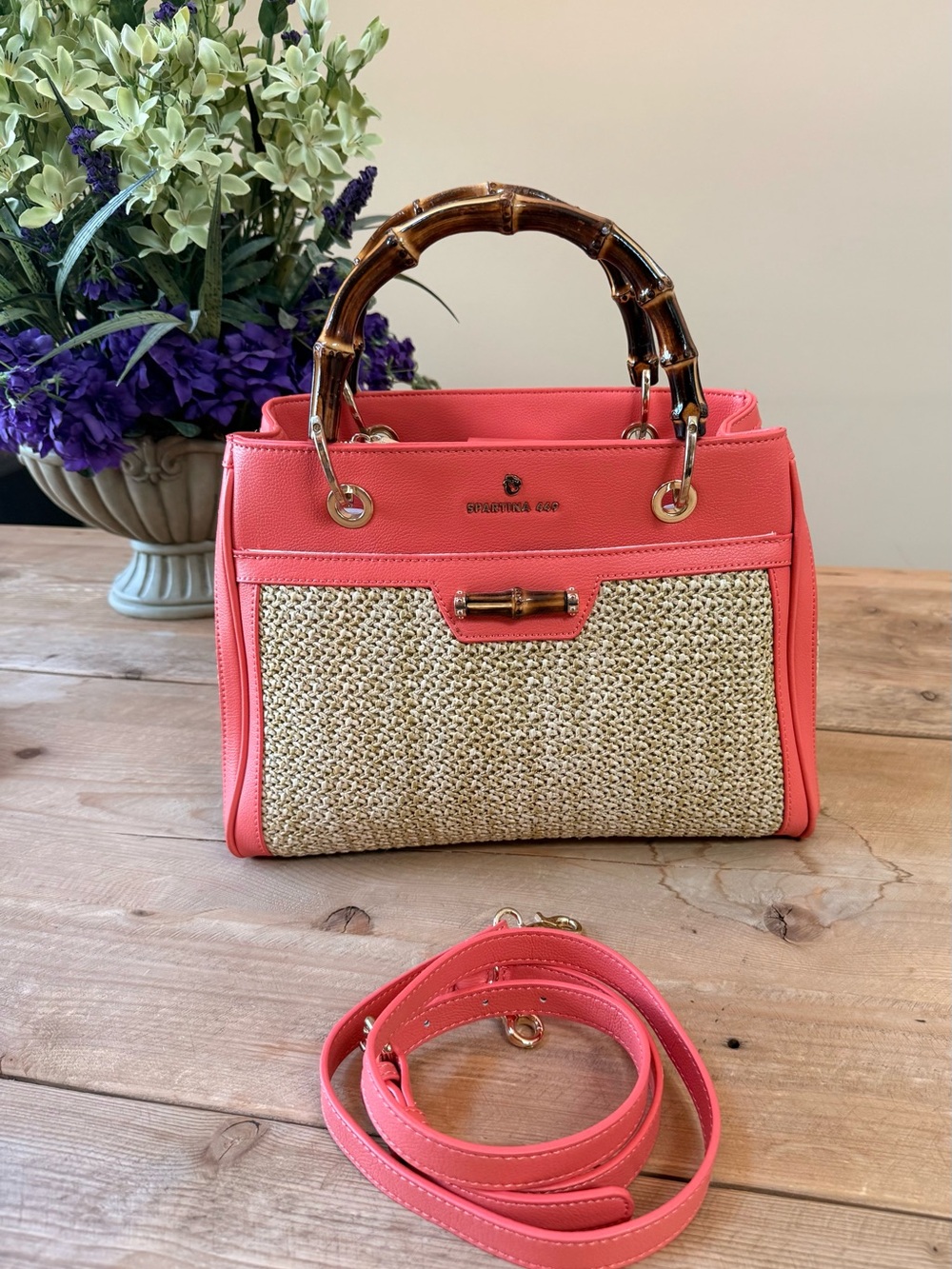 Spartina 449 Coral Woven Bamboo Handle Tote & Matching Wallet Set EUC - Picture 7 of 16